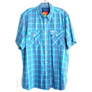 Dixxon Palm Beach Blue Plaid Button Down Short Sleeve Shirt Size Large EUC